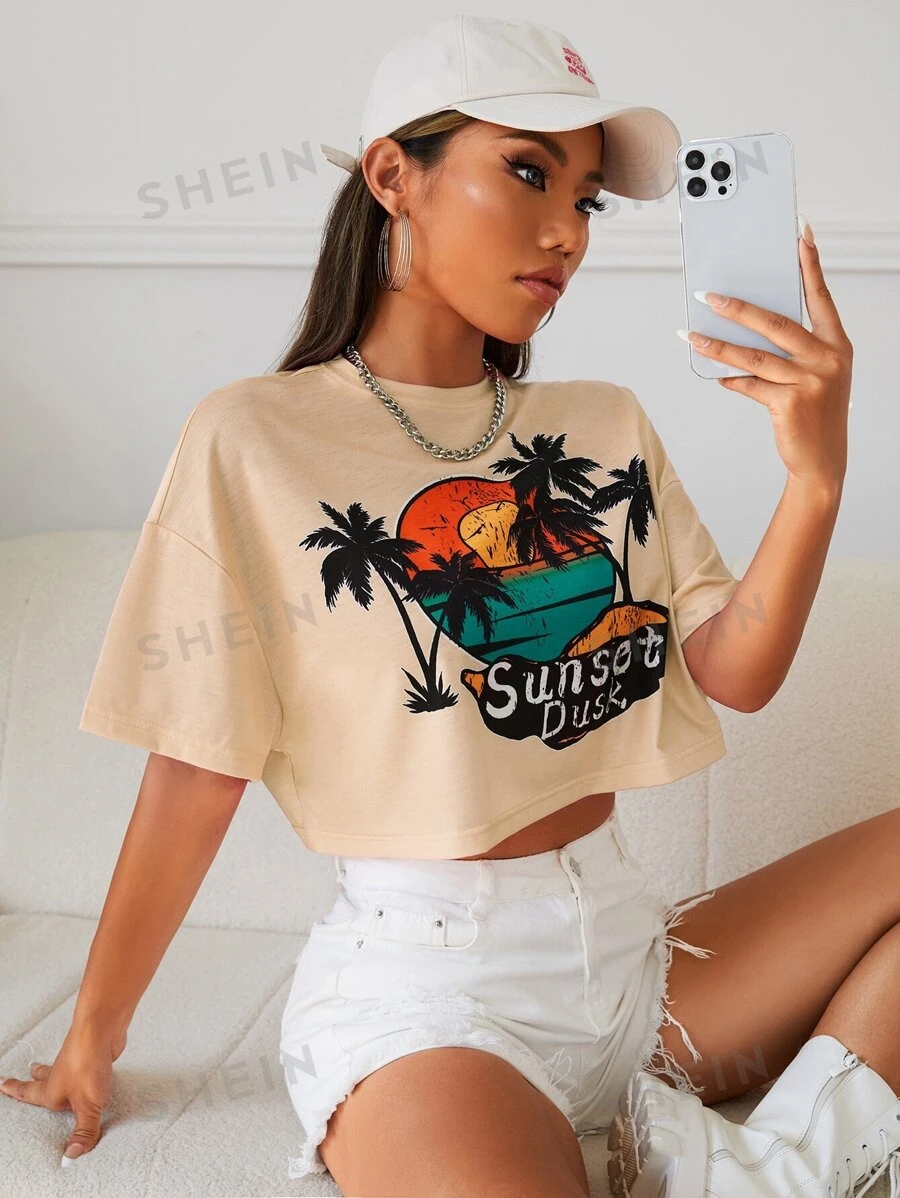 SHEIN EZwear Camiseta de hombros caídos con estampado de letra