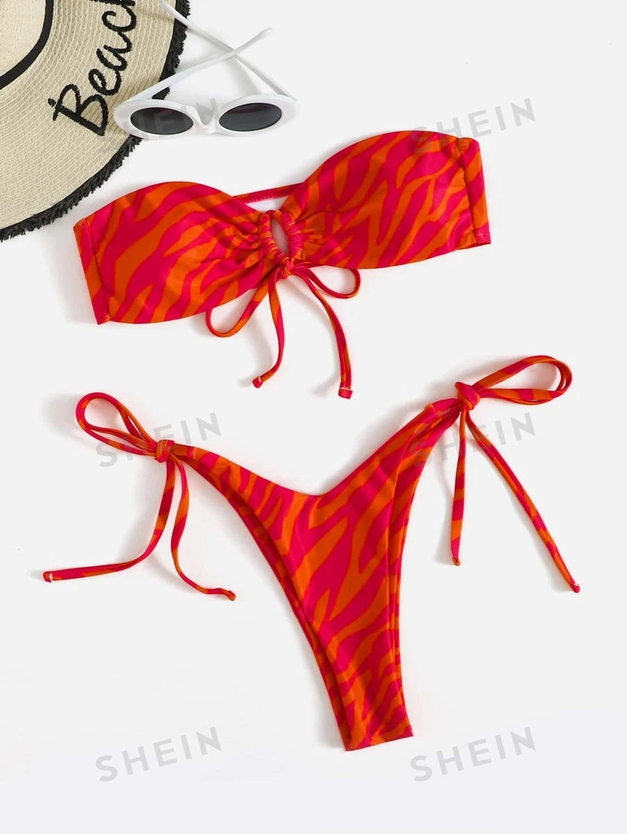 SHEIN Swim Conjunto de bikini con rayas de cebra, sujetador de bandeau recortado y parte inferior de tanga, traje de baño de 2 piezas