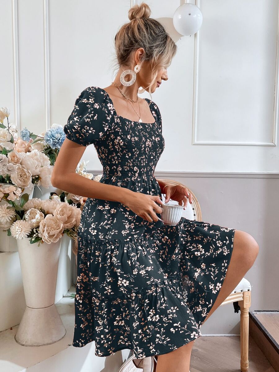 SHEIN Clasi Floral Print Puff Sleeve Shirred Layered Hem Dress