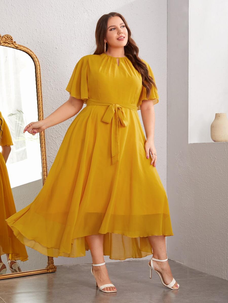 SHEIN Clasi Plus Butterfly Sleeve Keyhole Neck High Low Hem Belted Dress