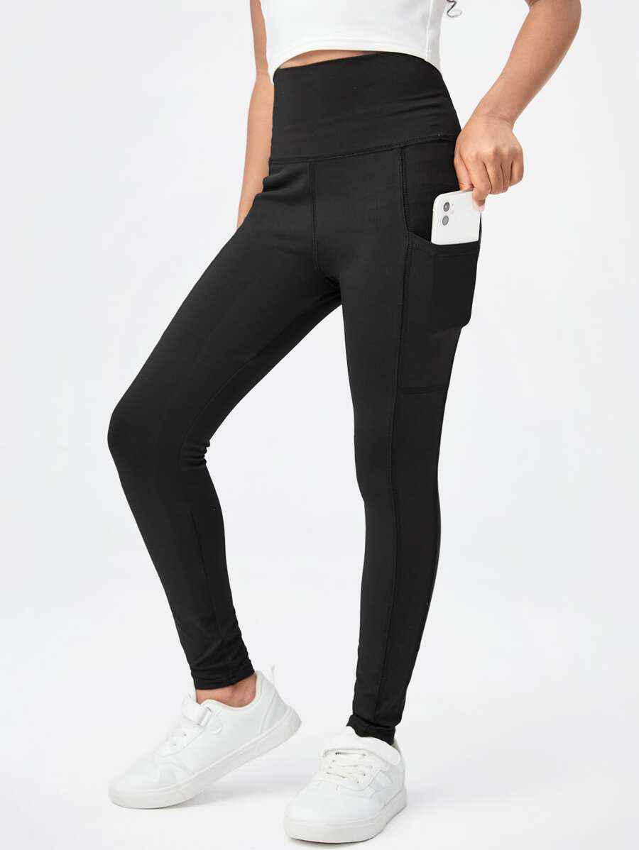 SHEIN Tween Girls High Waist Knitted Wide Belt Pocket Leggings, Casual Spring & Summer