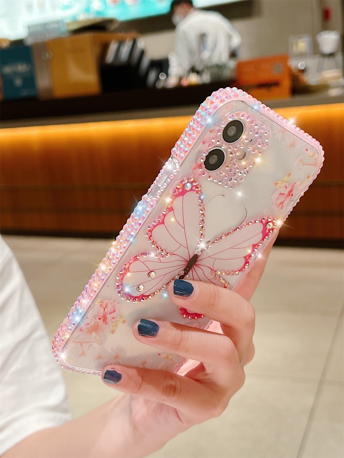 Rhinestone Decor Butterfly Print Clear Phone Case