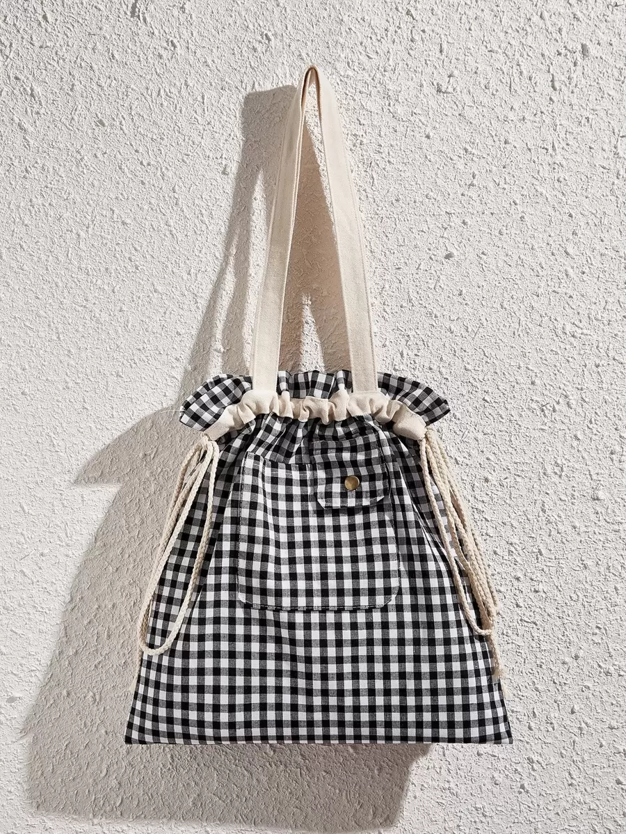 Gingham Print Drawstring Design Shopper Bag