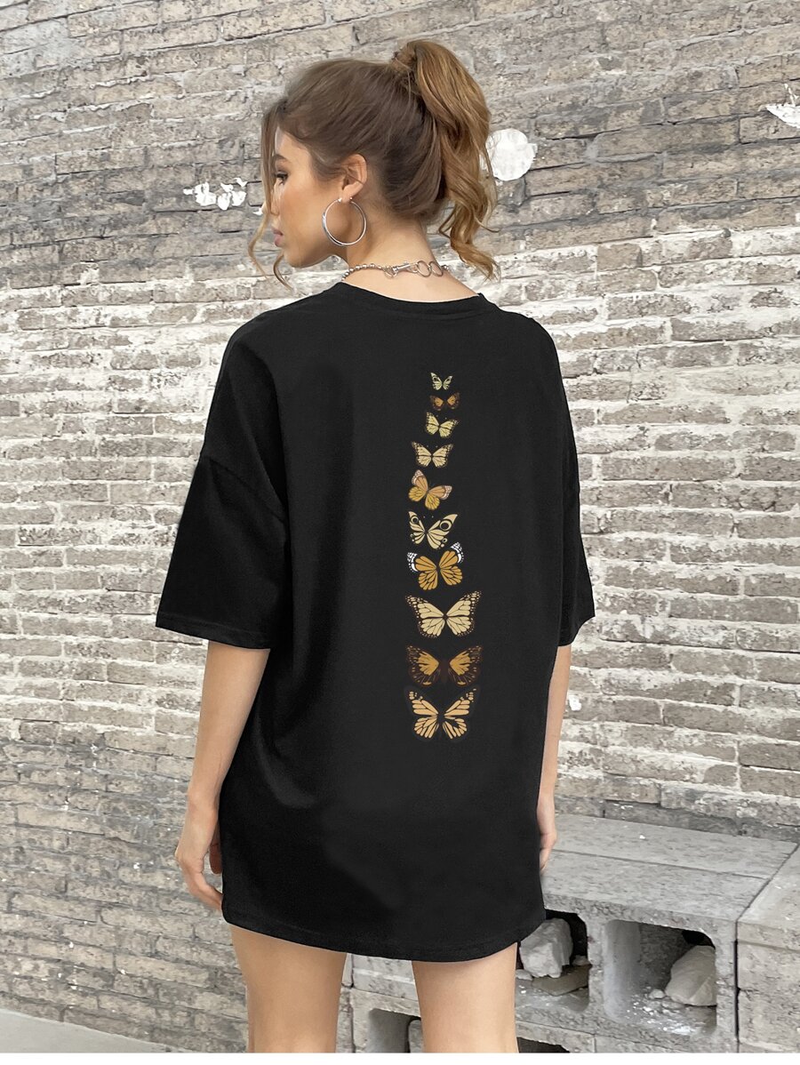INAWLY Butterfly Print Drop Shoulder Tee