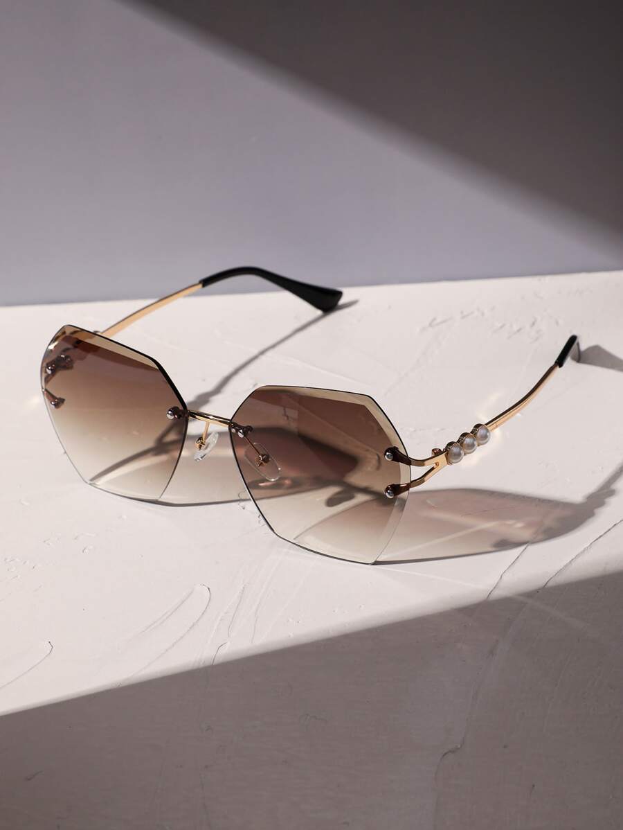 1 pieza Gafas de mujer sin marco con lentes degradados embellecidas con perlas, ideales para vacaciones en la playa, resorts de montaña, salidas al aire libre, compras en la ciudad, fotografía callejera en verano, vacaciones, al aire libre, viajes