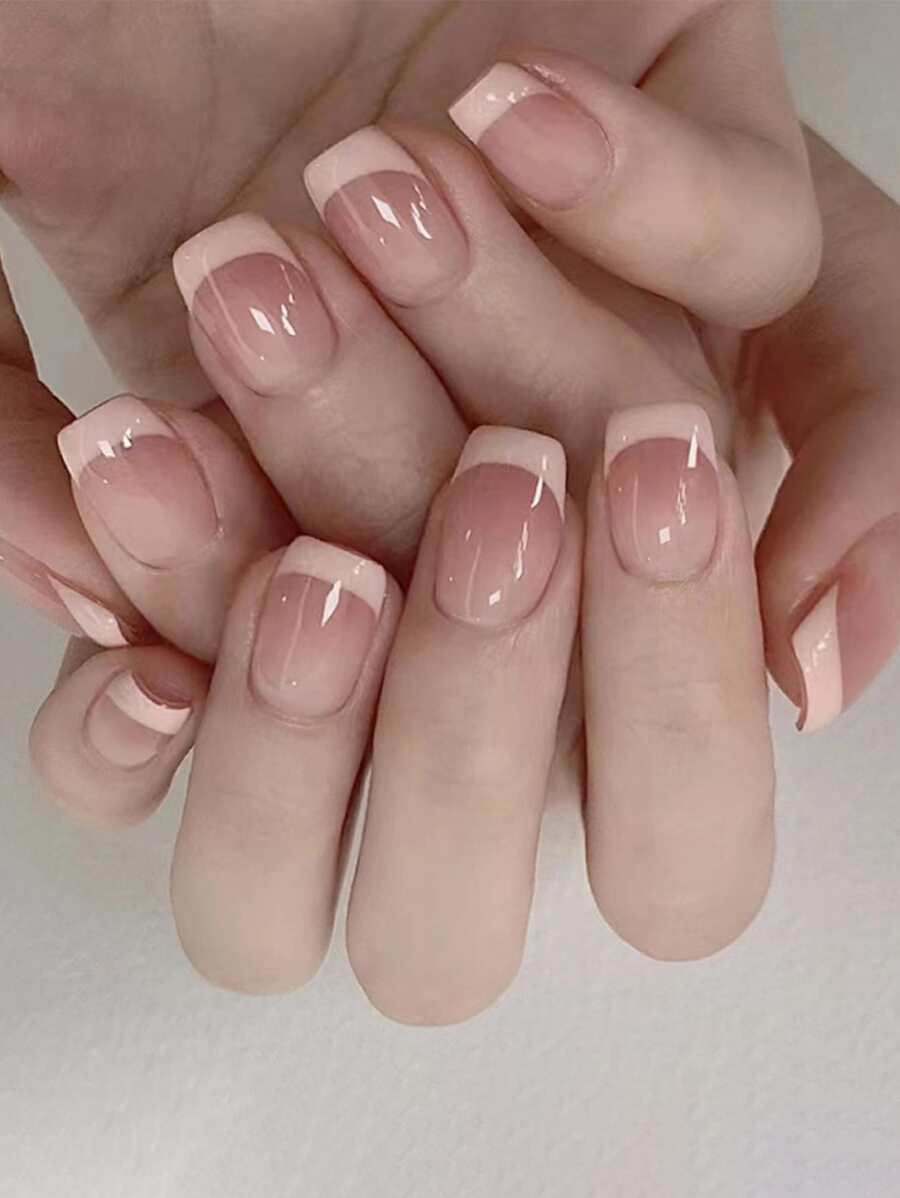 Upgrade Your Look With 24pcs Medium Square French Blush Fake Nail & 1pc Nail File & 1sheet Tape French Tip Press On Nails Nail Supplies
