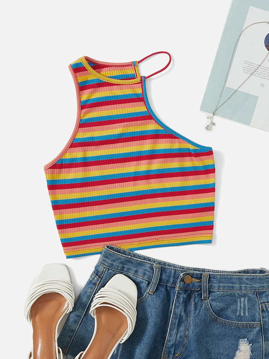 Rainbow Striped Asymmetrical Hem Top