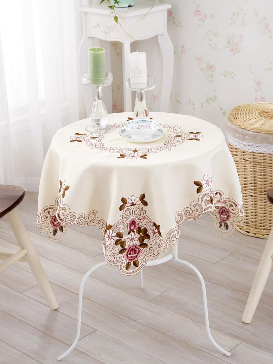 1pc Peony Flower Tablecloth, High-end Pastel Polyester Multi-color Square Tablecloth With Embroidered Hollow Flower Edges, Suitable For Square Table, Coffee Table, Small Round Table, Etc.