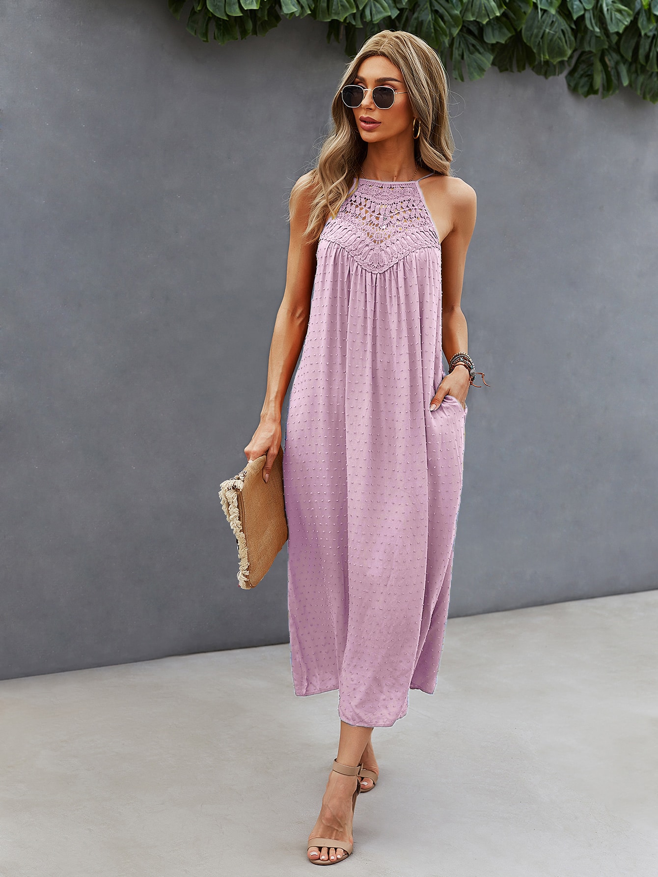 Guipure Lace Insert Swiss Dot Halter Dress