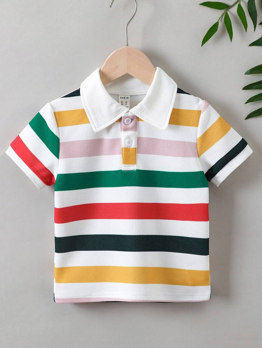 SHEIN Camisa tipo polo de manga corta a rayas de colores para niño, ropa informal y activa para exteriores/vuelta al colegio
