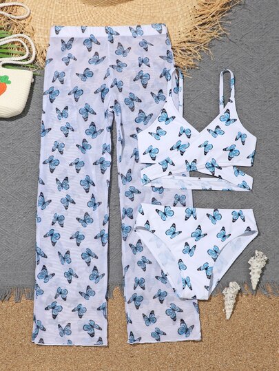 Tween Girl Pack Butterfly Print Criss Cross Bikini Swimsuit With Pants Shein Uk