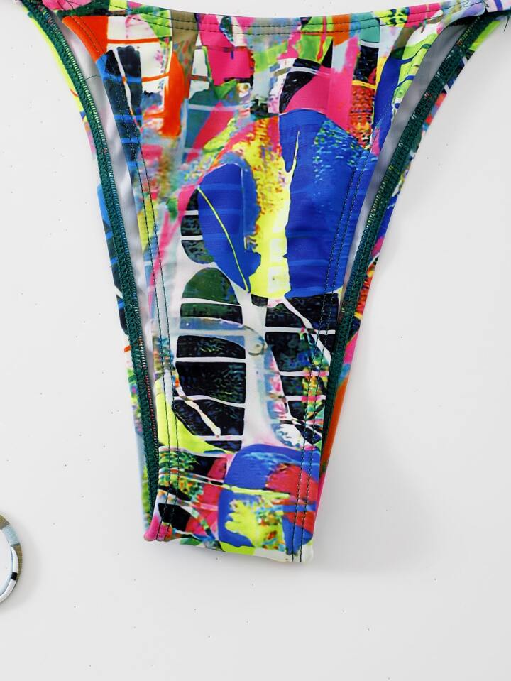 Allover Print Bikini Set Criss Cross Triangle Bra Thong Bottom Cover Up Skirt Piece