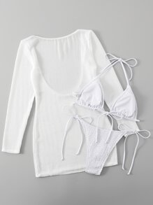 Shein Sxy Smocked Bikini Set Halter Triangle Bra Top Tie Side Bikini Bottom Cover Up Dress