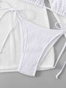 SHEIN SXY Smocked Bikini Set Halter Triangle Bra Top Tie Side Bikini Bottom Cover Up Dress
