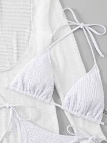 SHEIN SXY Smocked Bikini Set Halter Triangle Bra Top Tie Side Bikini Bottom Cover Up Dress 3