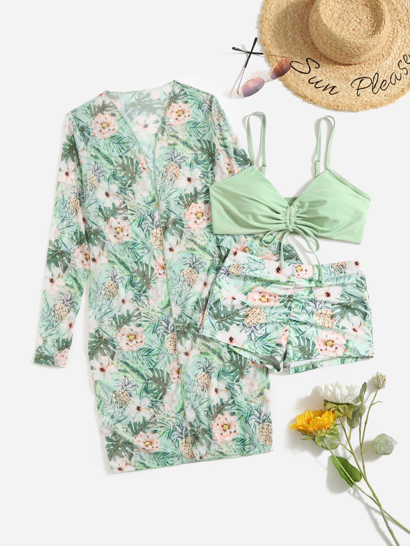 Shein Swim Vcay Conjunto De Bikini Con Estampado Tropical Sujetador Sin