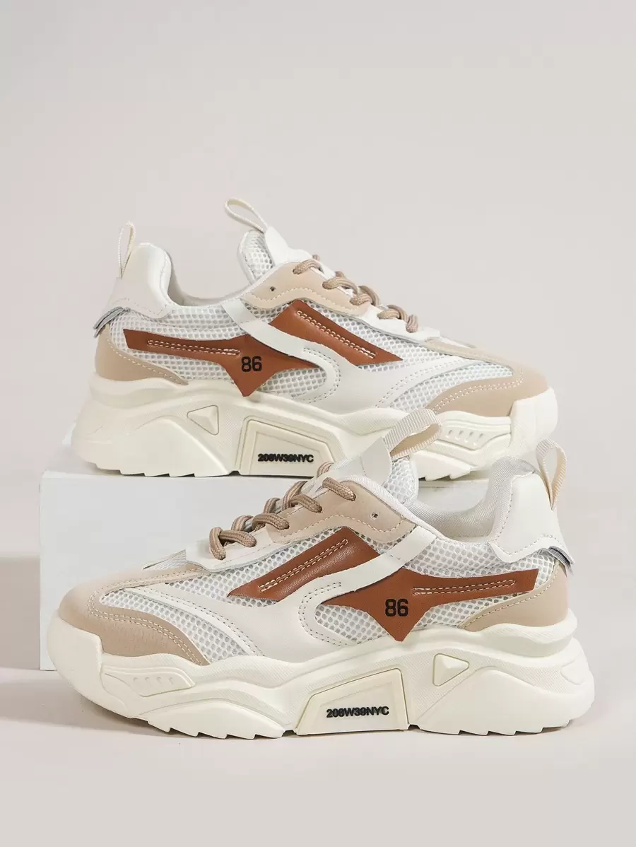 Colorblock Lace-up Front Chunky Sneakers, Beige Sporty Chunky Sneakers With Color Block Detail