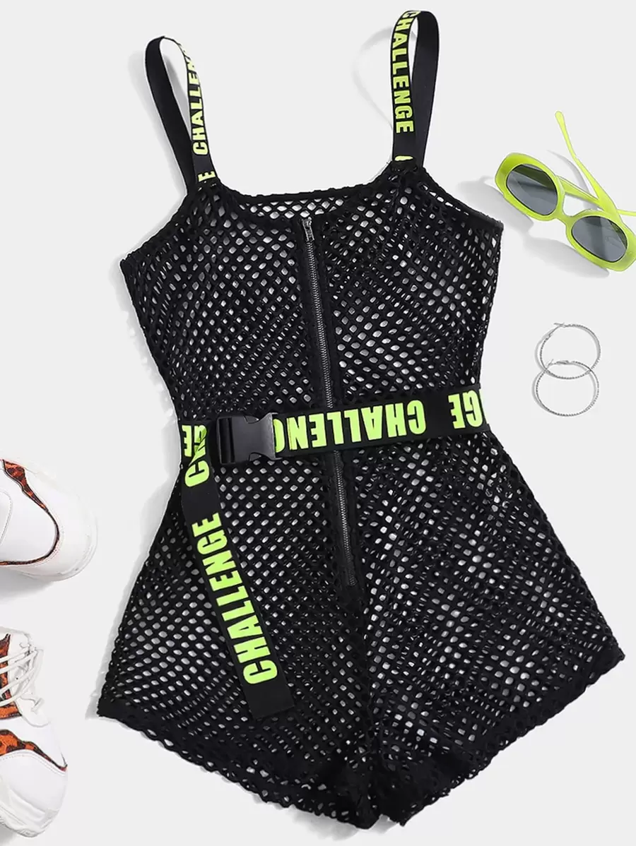 SHEIN EZwear Letter Graphic Belted Mesh Cami Romper Without Lingerie