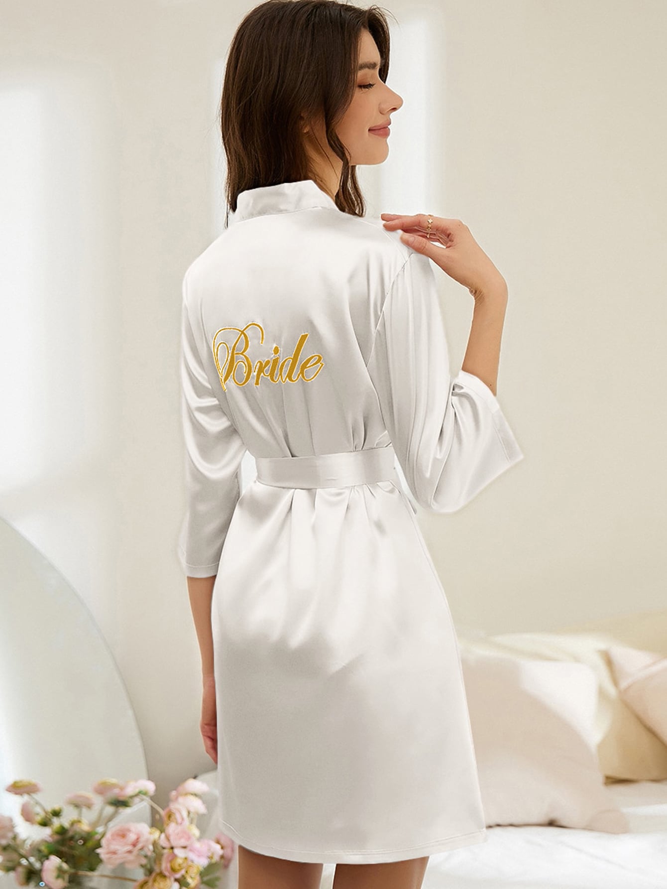 Letter Embroidery Belted Satin Bride Robe