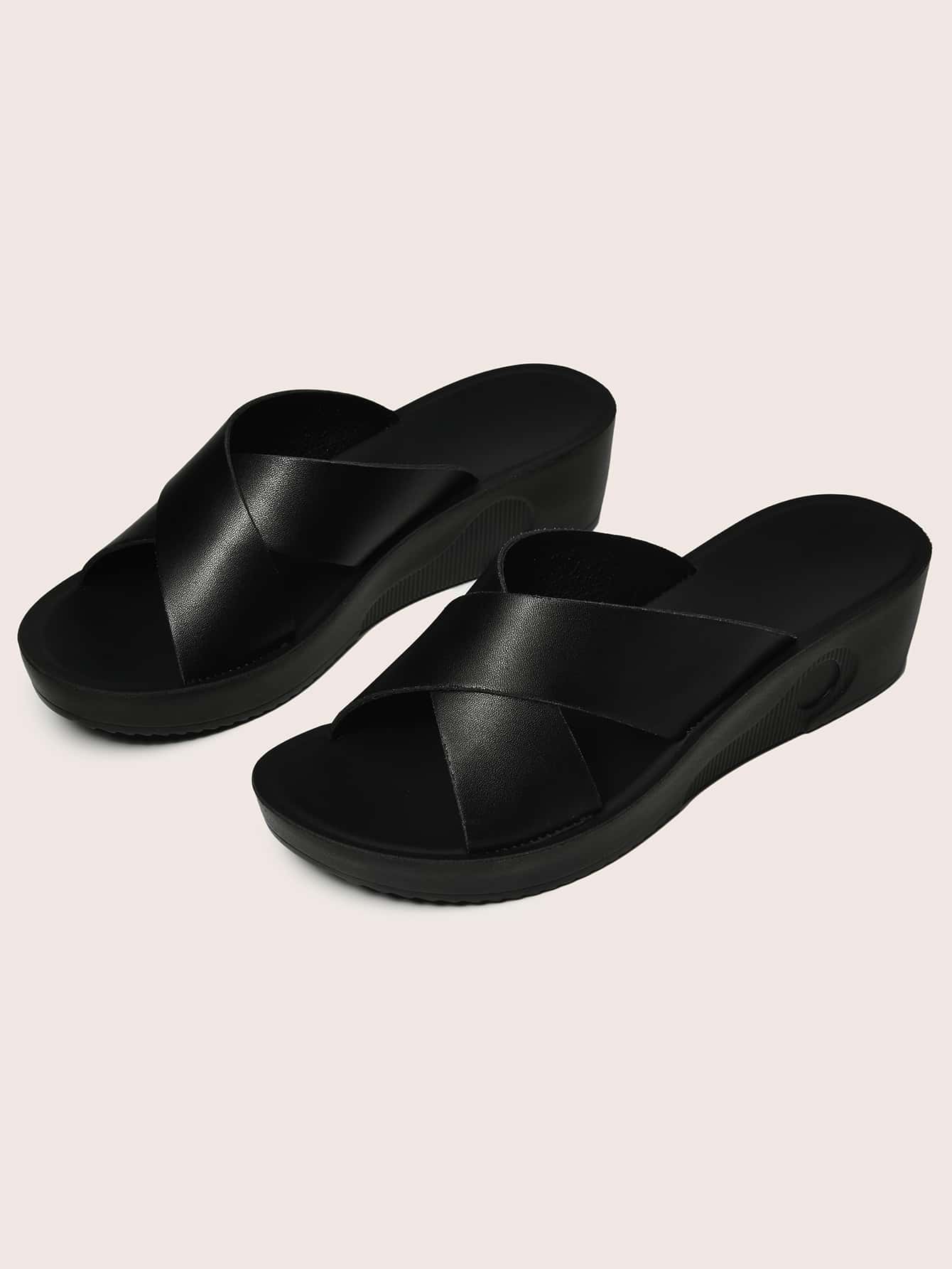 Kontrastkragen, Gurt, Sandalen mit Keilabsatz, Schwarz Elegant Damen Einfarbig Plateau, Keilabsatz, Heel Sandalen