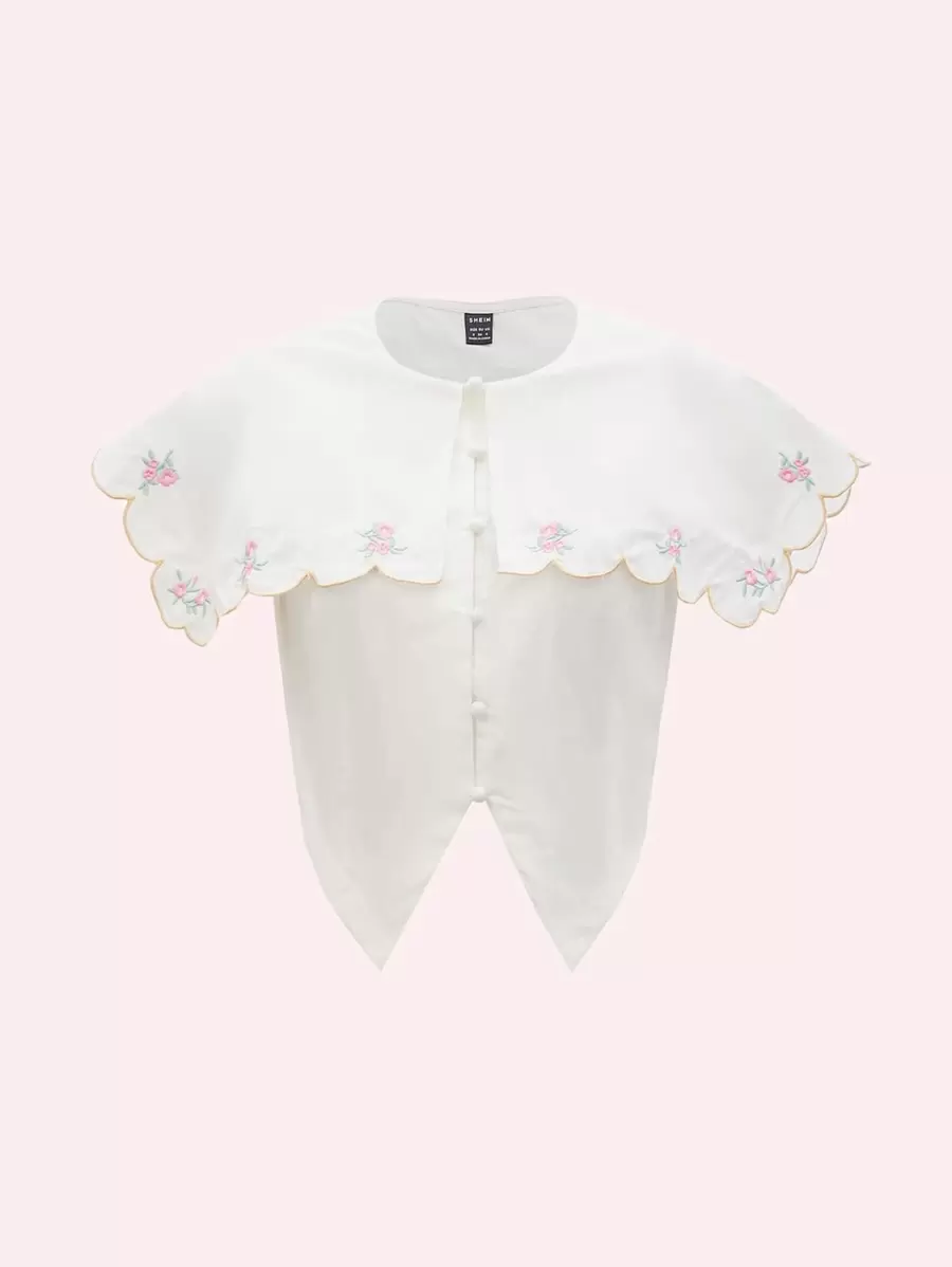 SHEIN MOD Damskie Bluzki Asymetryczny Haft W kształcie muszli Kontrastowe szwy Guziki z przodu Kwiatowy Boho