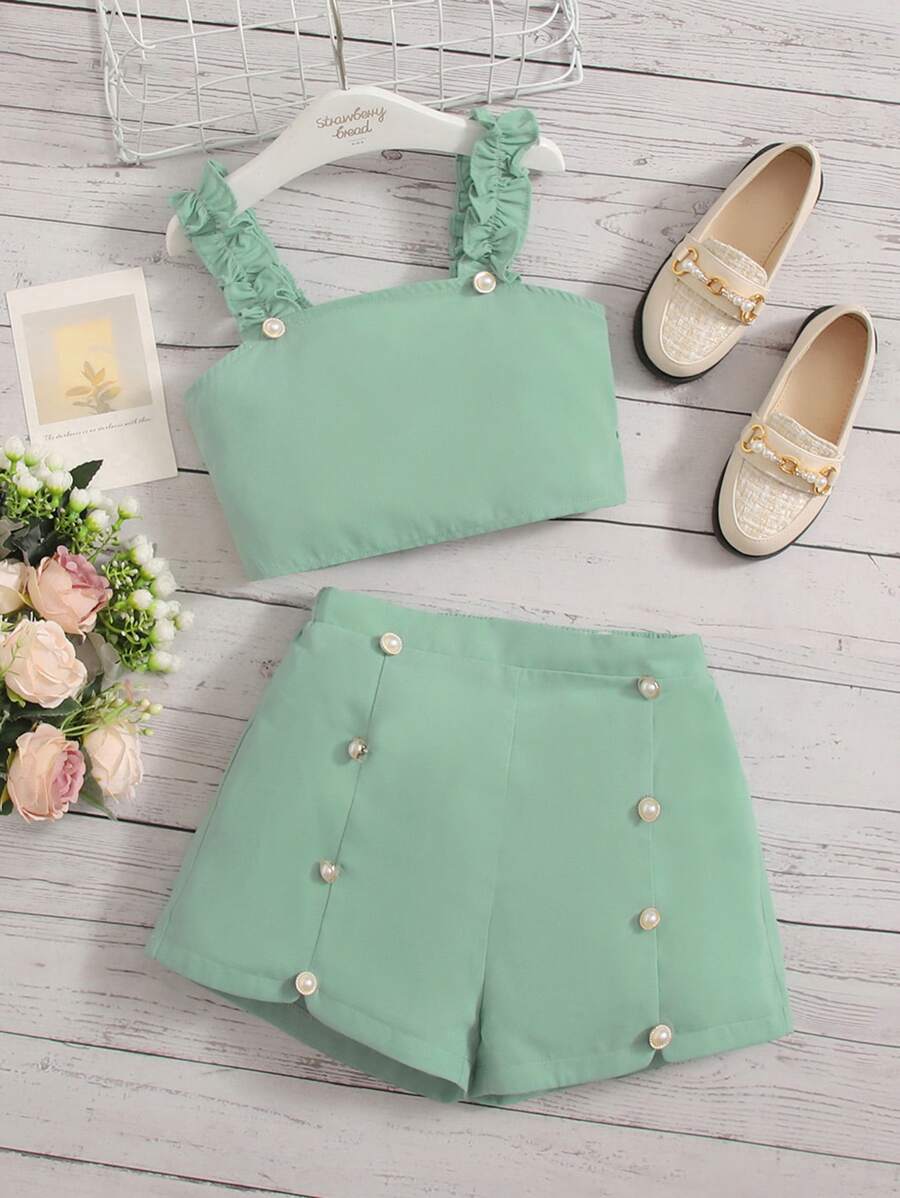 SHEIN meninas pequenas acabamento de folho Top camis & detalhe do botão Shorts
