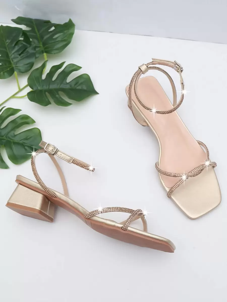 Sandalias de tacón grueso con correa en el tobillo con decoración de diamantes de imitación, sandalias de tacón alto doradas con correa en el tobillo con detalle de diamantes de imitación, color sólido, zapatos de mujer