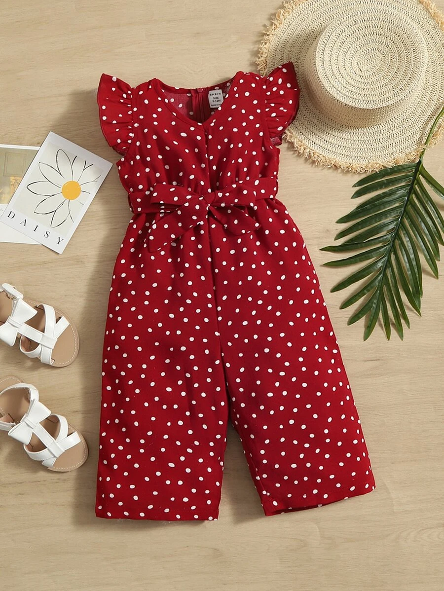 SHEIN Bebé Jumpsuit de lunares de manga con volante con cinturón