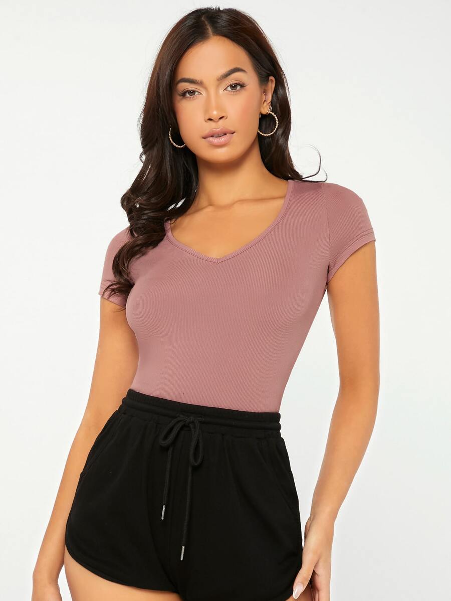 SHEIN BASICS Damskie T-shirty Prążkowana Dzianina Prosty Casual