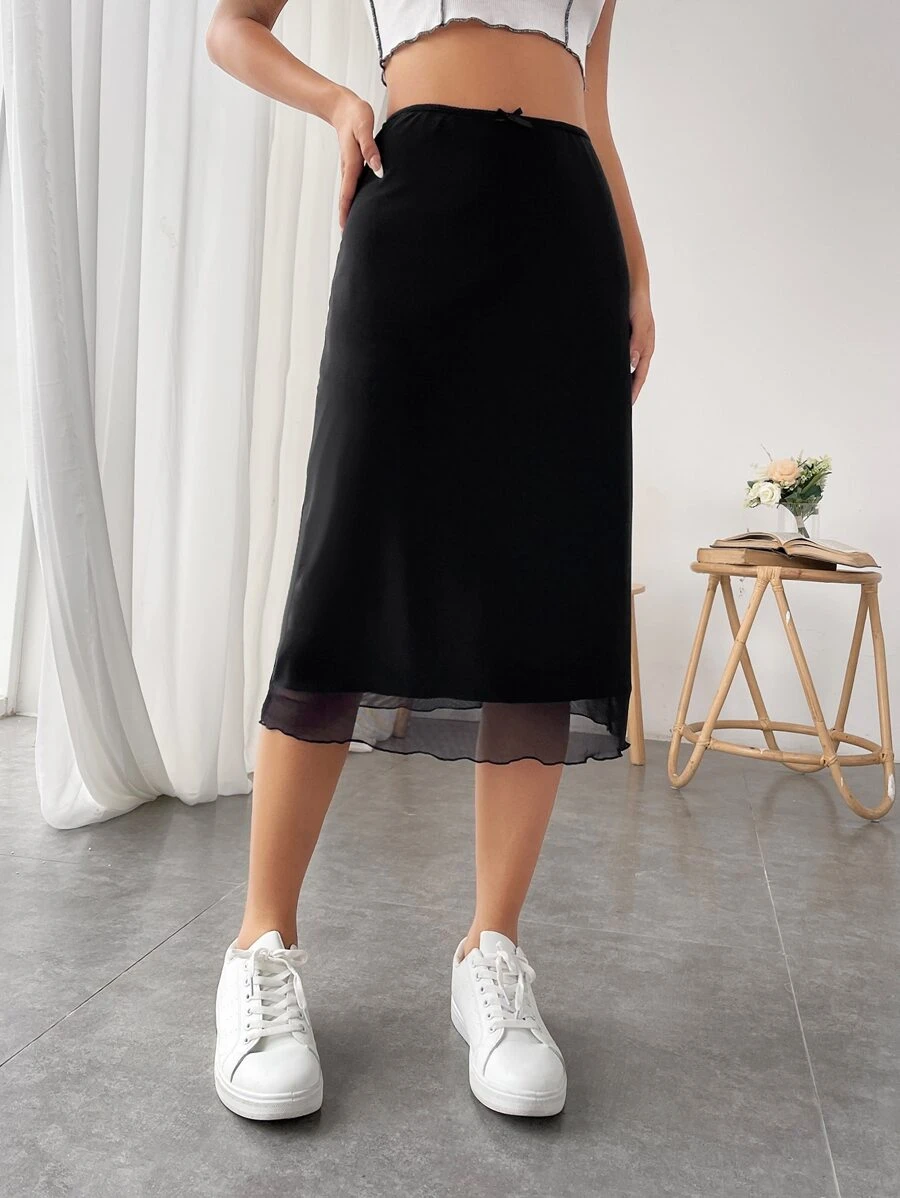 SHEIN Essnce Bow Front Lettuce Trim Mesh Skirt