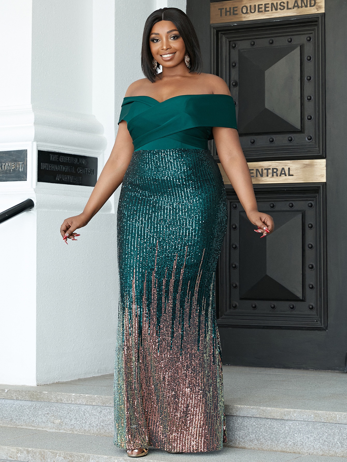 seomiscky Plus Off Shoulder Sequin Formal Dress