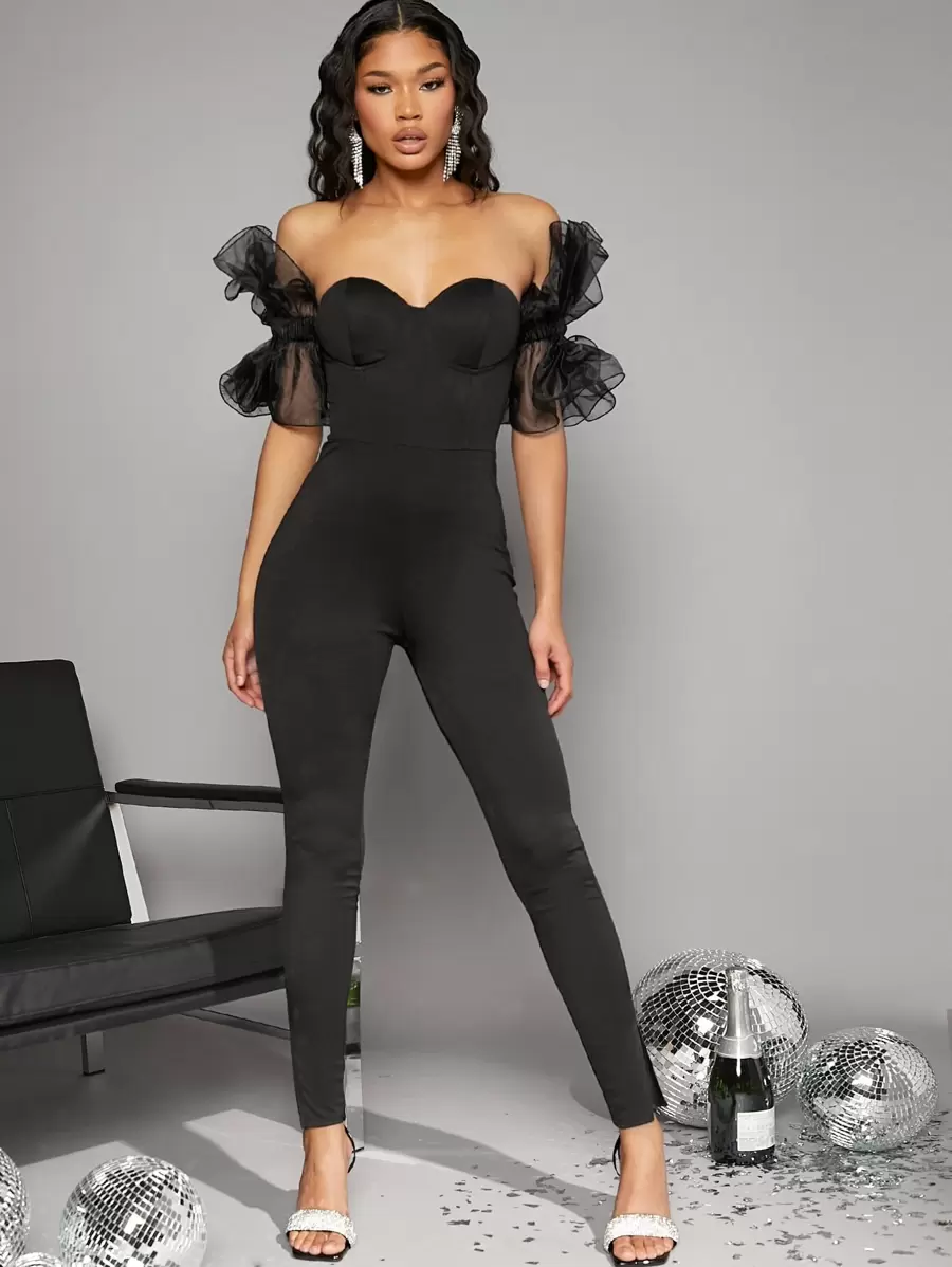 Betoverend Eenkleurig Jumpsuit Contrast doorschijnend Rimpeling Rits