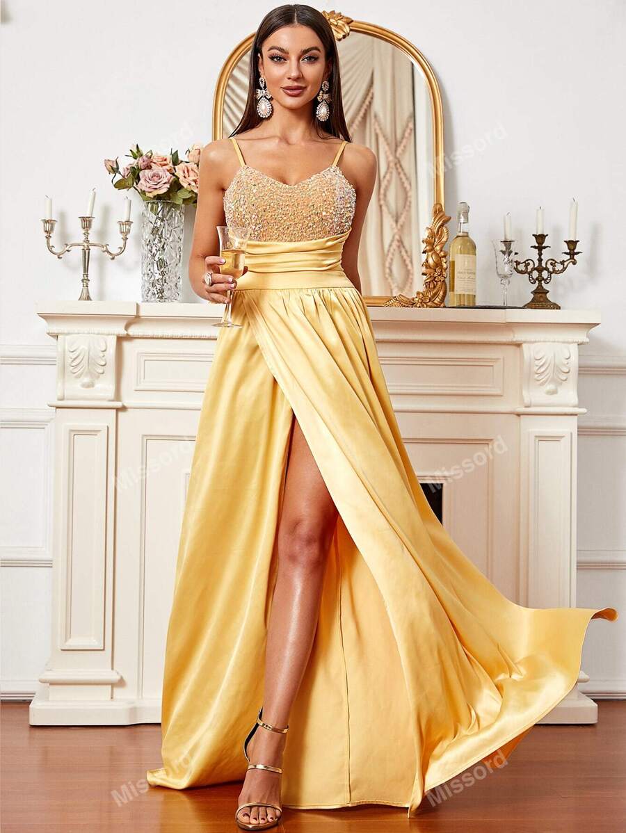 Missord Sequin Ruched Wrap Hem Cami Floor Dress