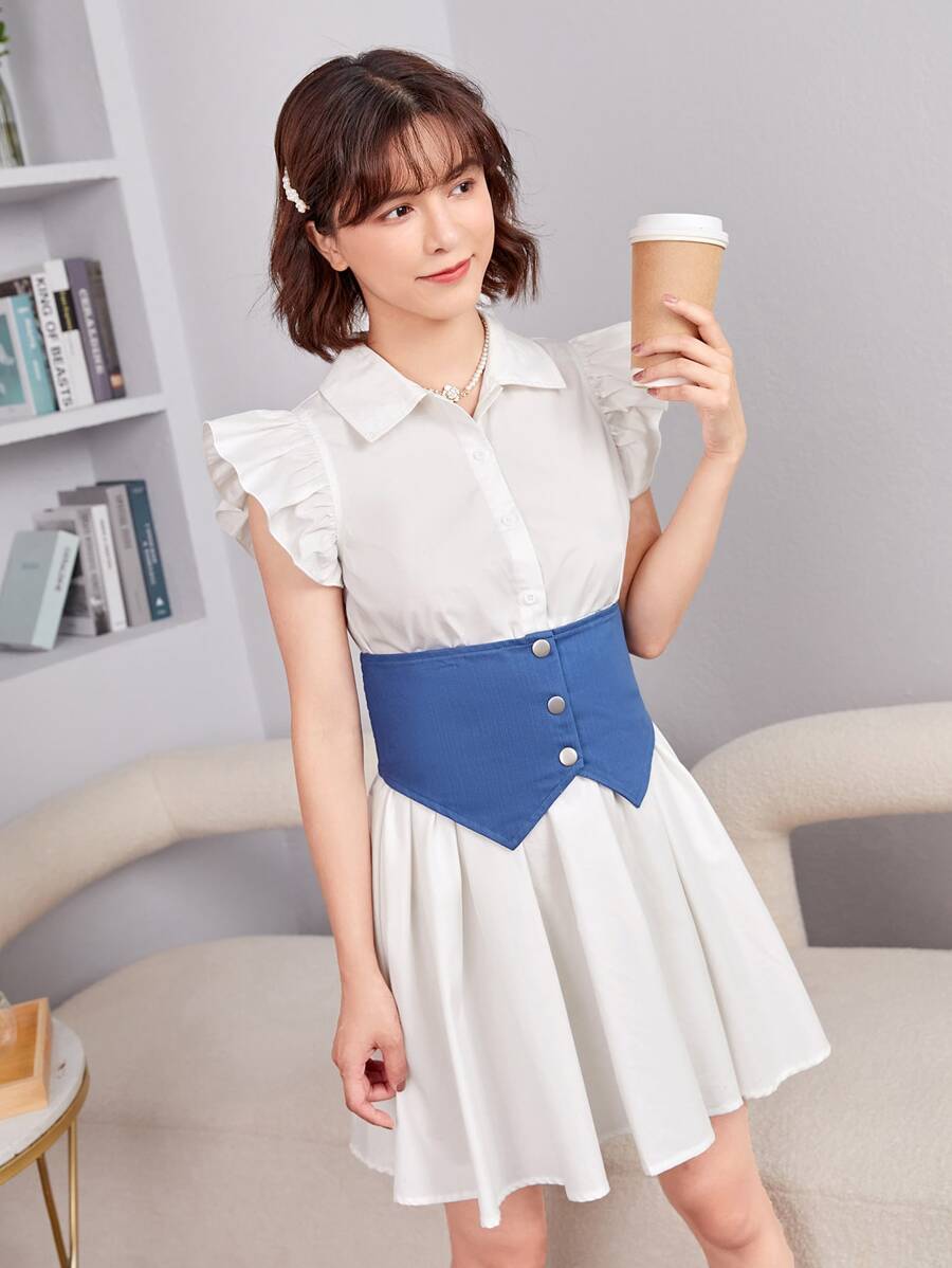 SHEIN Teen Girls Ruffle Trim Shirt Dress With Corset