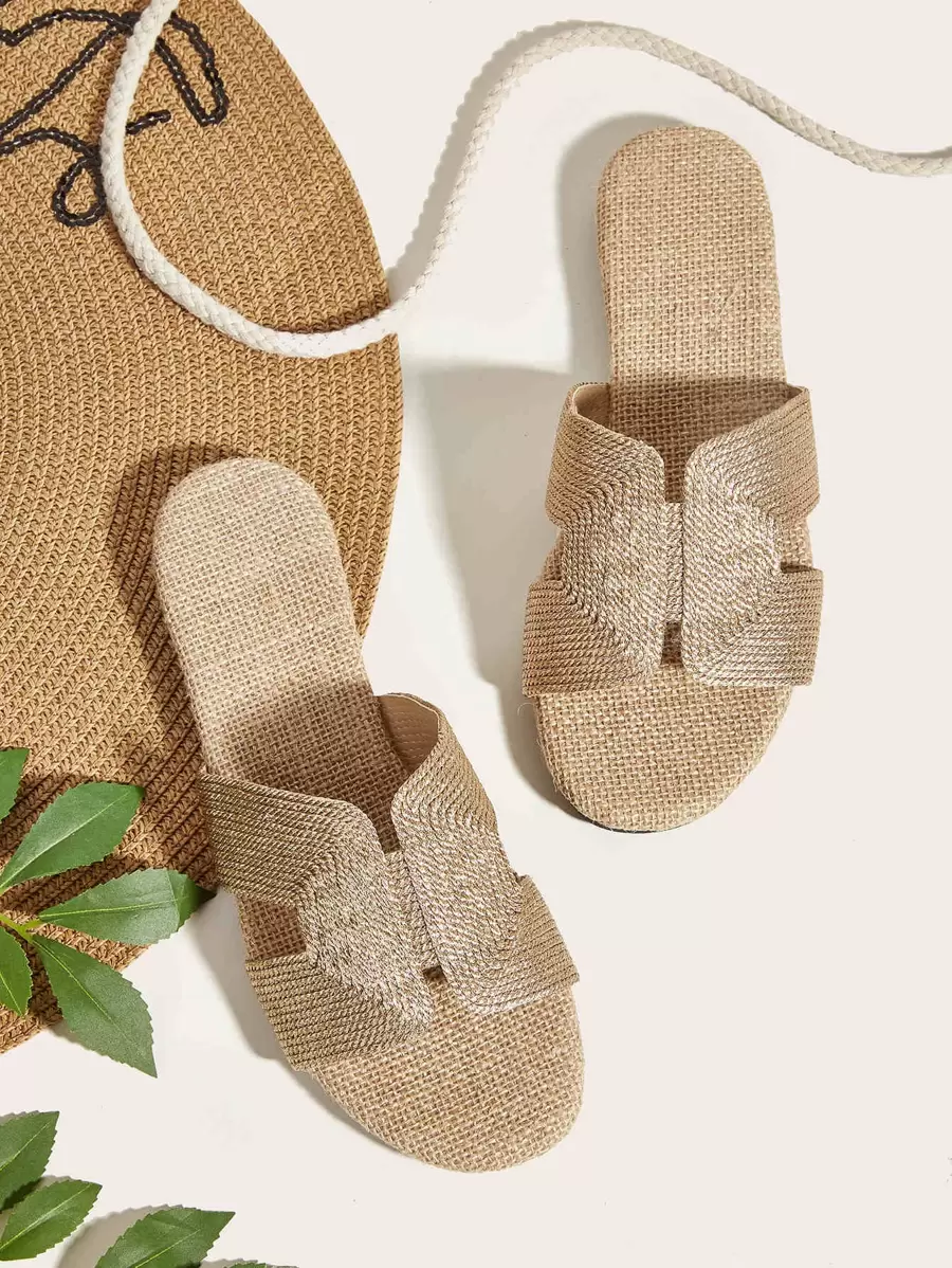 Women Woven Open Toe Flat Sandals, Slip-On Backless Slide Rope Sole Comfortable Summer Shoes, Beach Slippers Hollow-Out Casual Vacation Houseshoes
