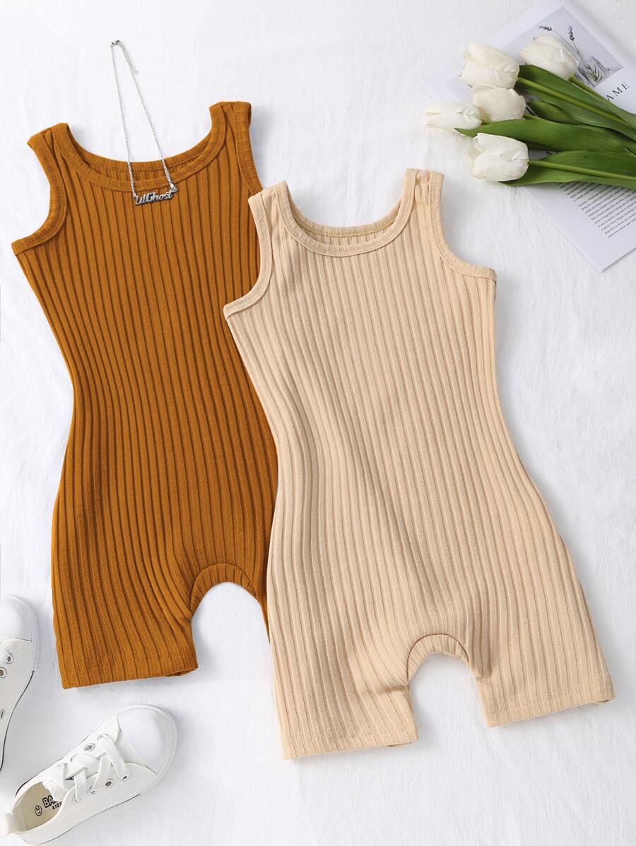 SHEIN Young Girl 2pcs Ribbed Unitard Romper
