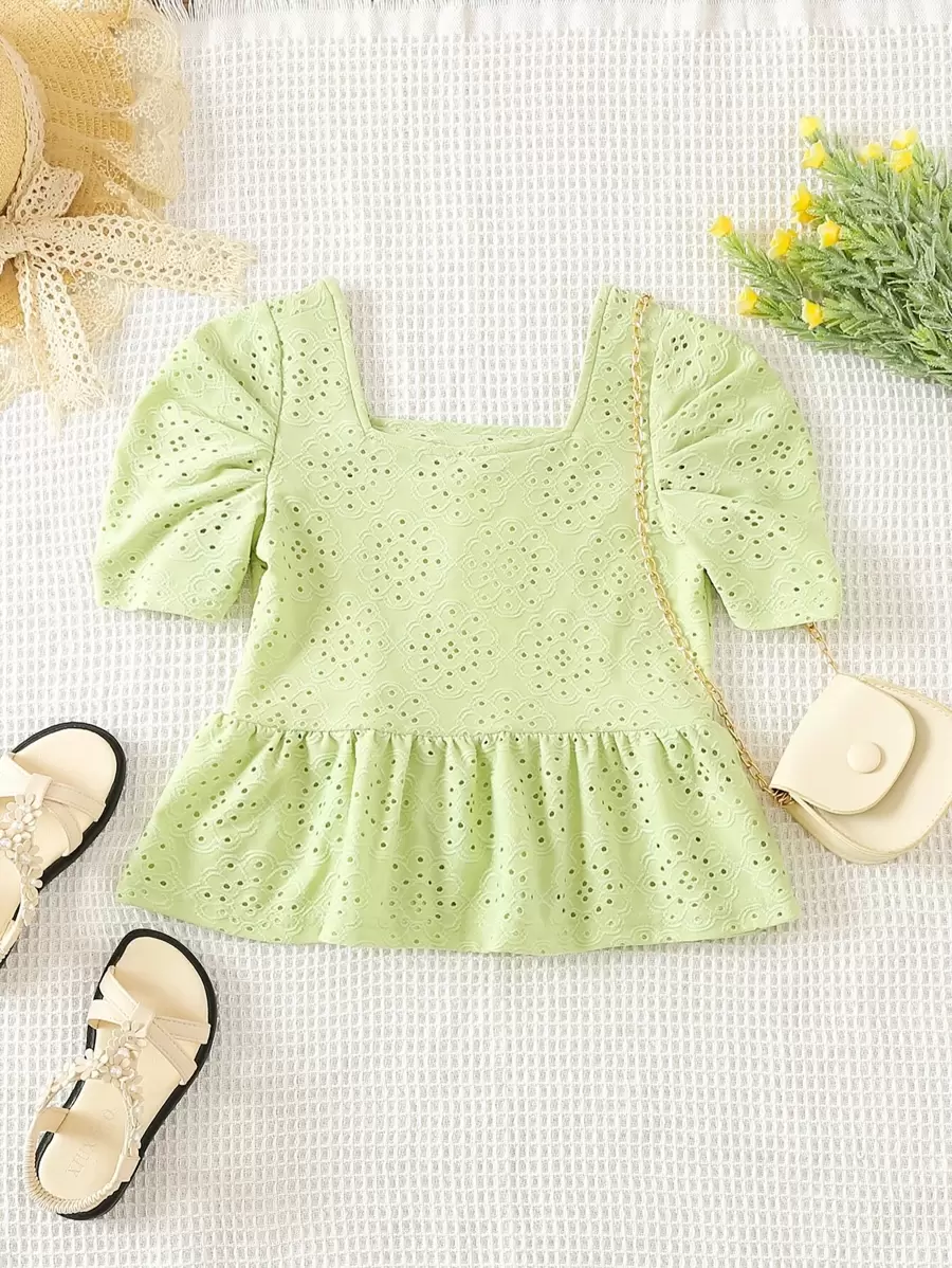 Kleinkind Mädchen Schößchenbluse mit Öse Stickerei, eckigem Ausschnitt, Puffärmeln