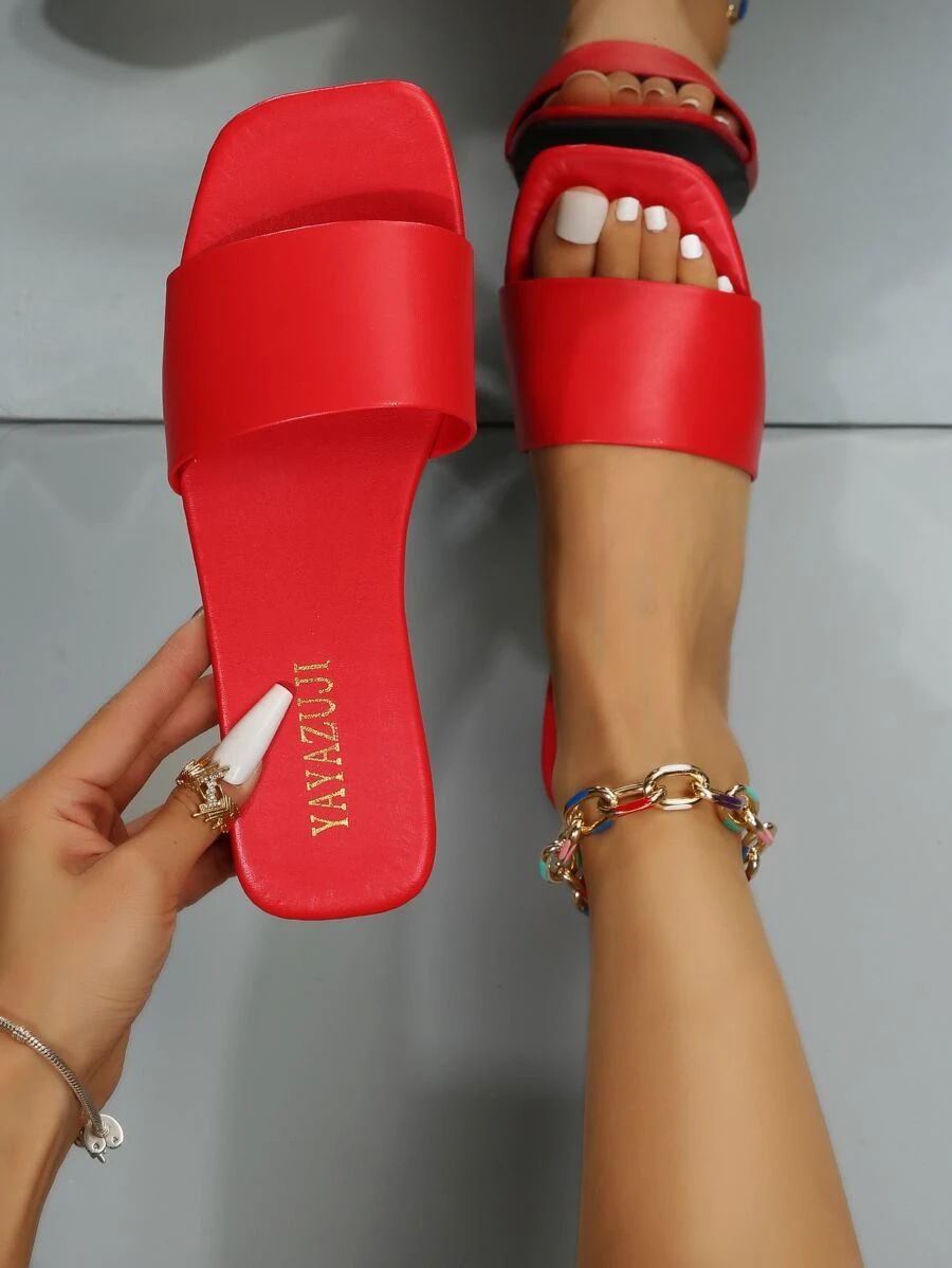 Minimalist Outdoors Red Flat Slippers For Women, Single Band Plain Artificial Leather Open Toe Slide Sandals