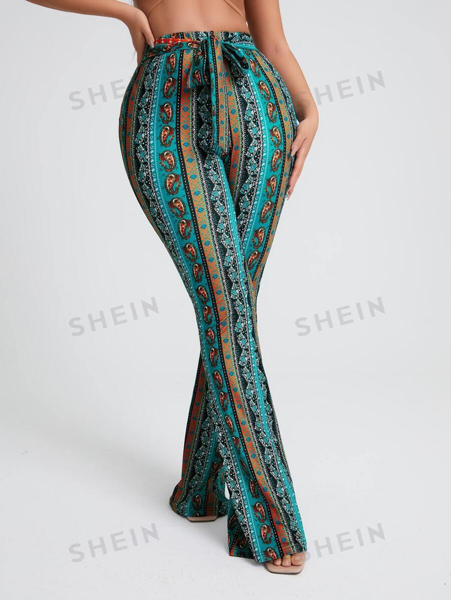 SHEIN SXY Pantalones acampanados con estampado floral con paisley con nudo delantero