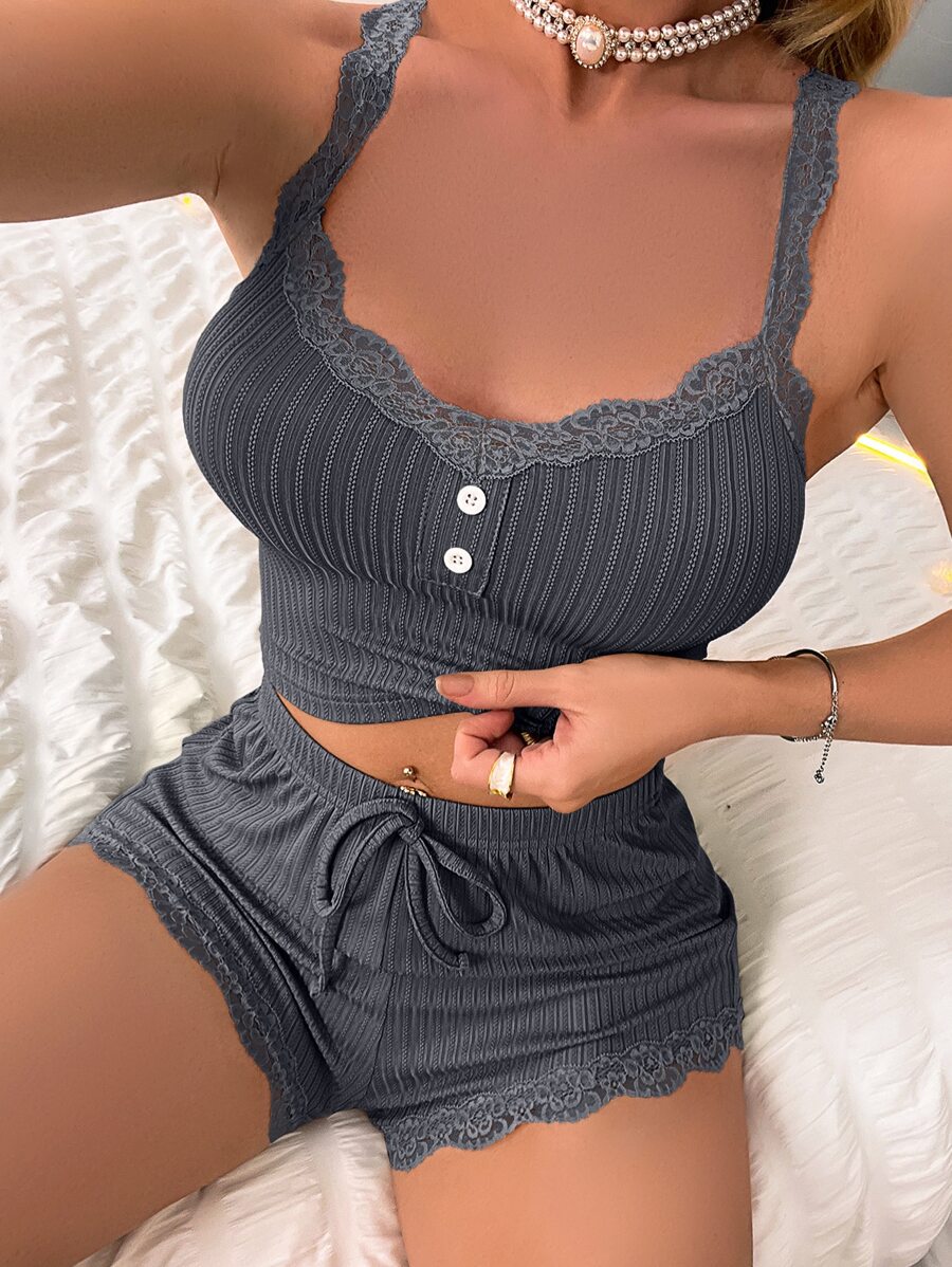 Kontrast Spitze Knopfverschluss Crop Träger Top & Shorts Pyjama Set
