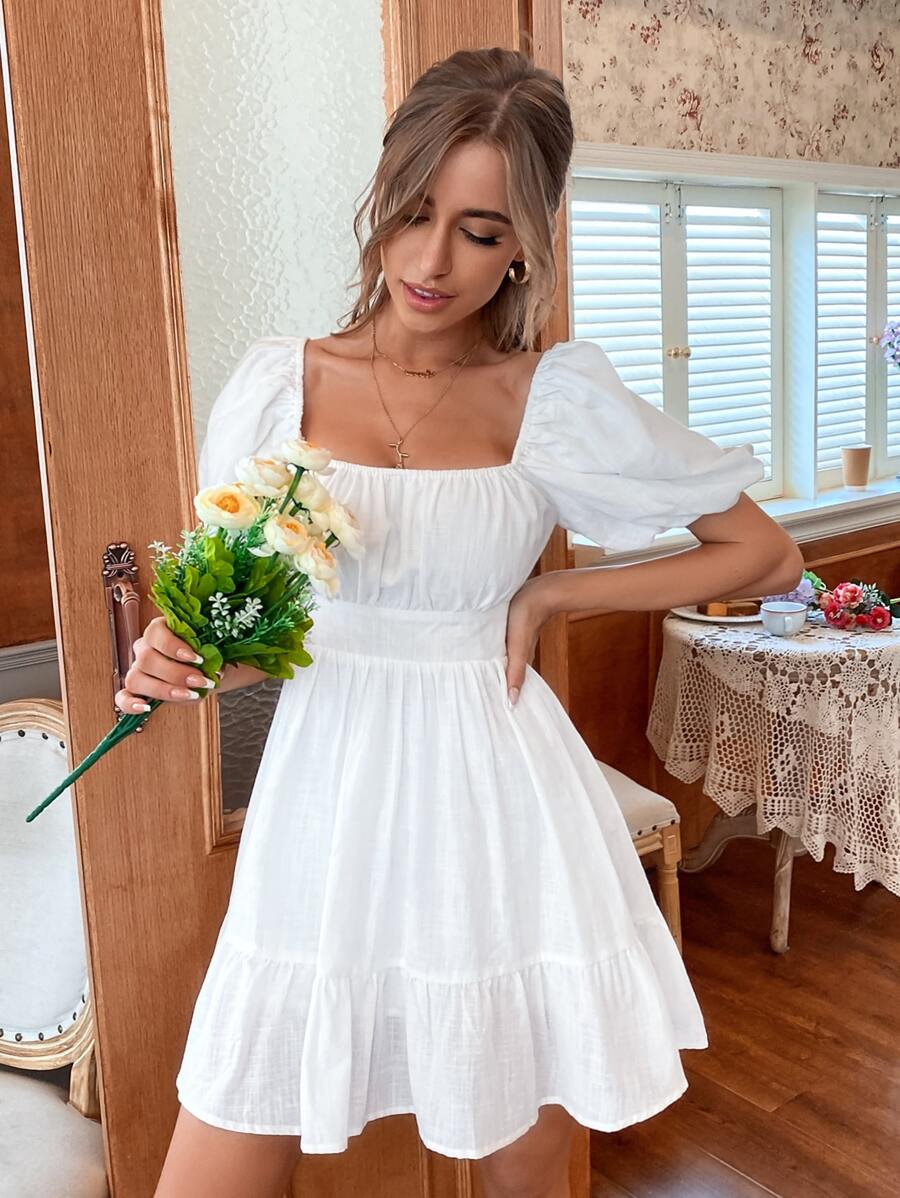 SHEIN Unity Solid Tie Back Flounce Hem Dress