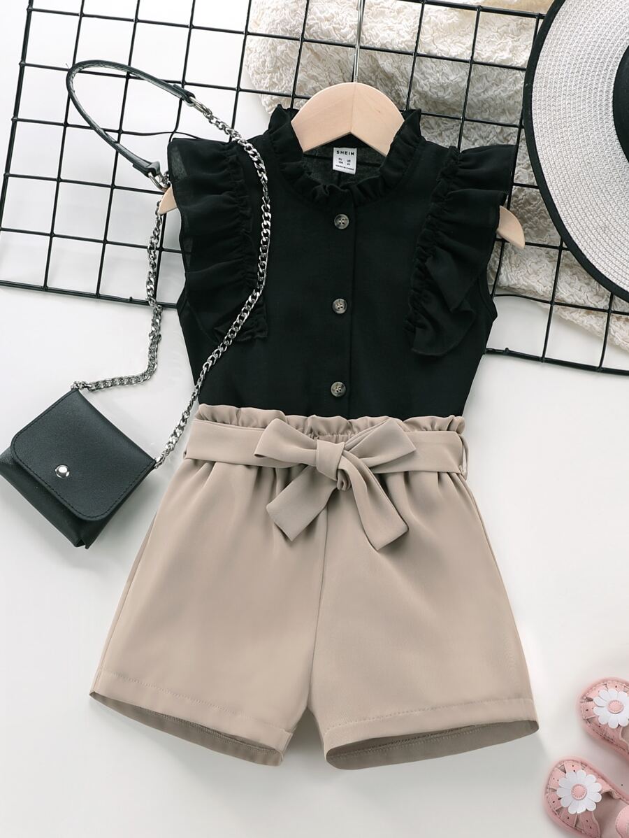SHEIN Young Girl Ruffle Trim Top & Paper Bag Waist Belted Shorts Short And Blouse Setkhaki Young Girls Setskhaki Teen Girls Setskhaki Tween Girls Setsplain Young Girls Sets