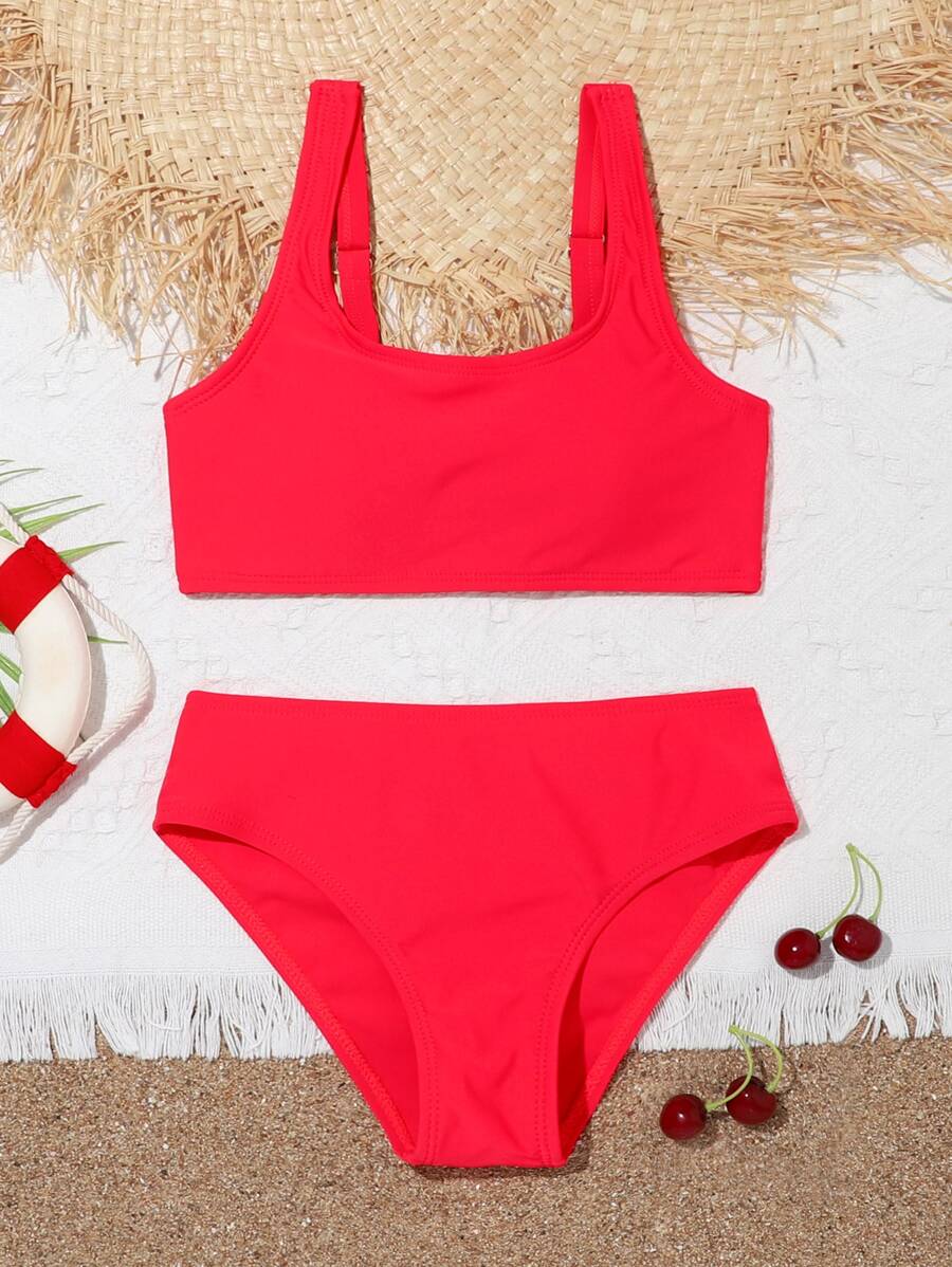 SHEIN Conjunto de bikini liso para niña preadolescente, playa de verano