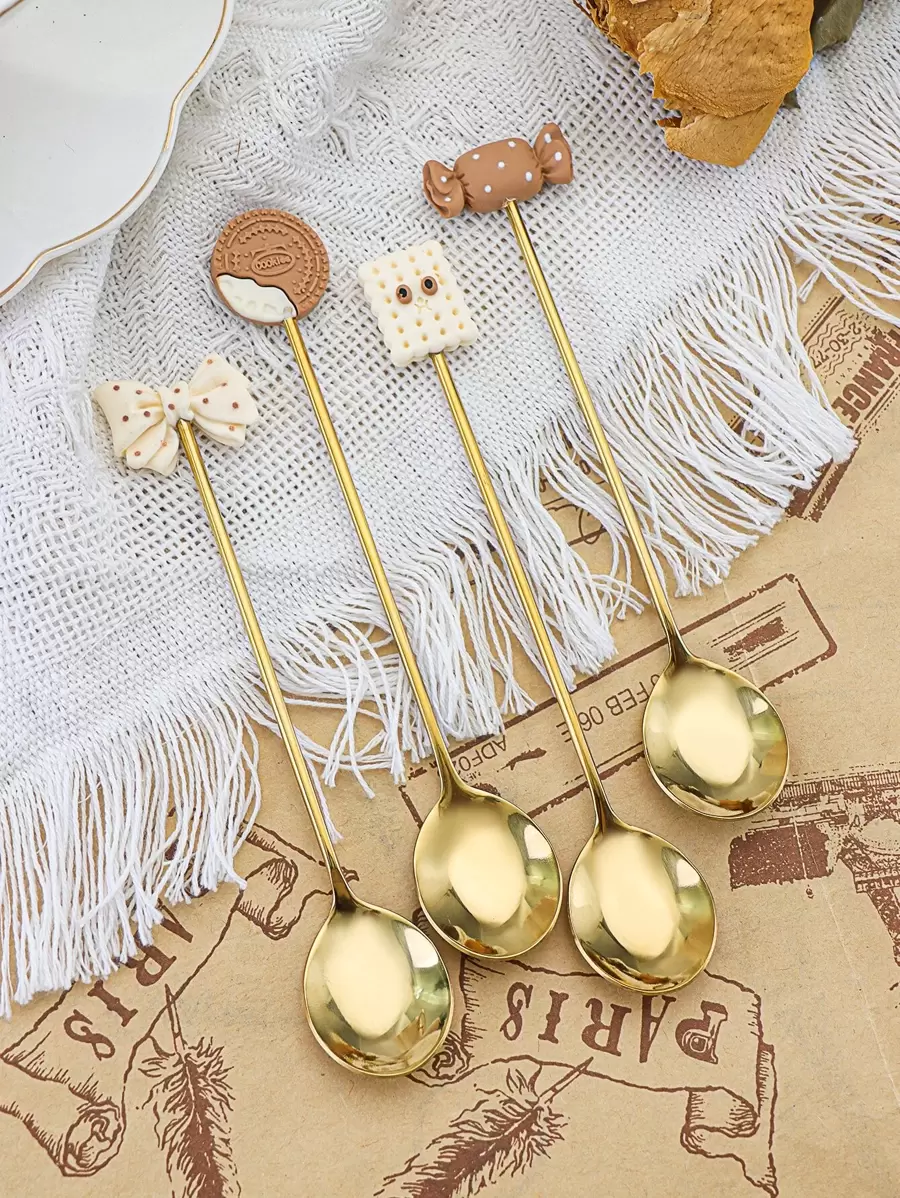 4pcs Dessert Design Spoon Set, Stainless Steel Cartoon Cute Dessert Spoon For Party ,Kitchen,Christmas Gift,School Supplies