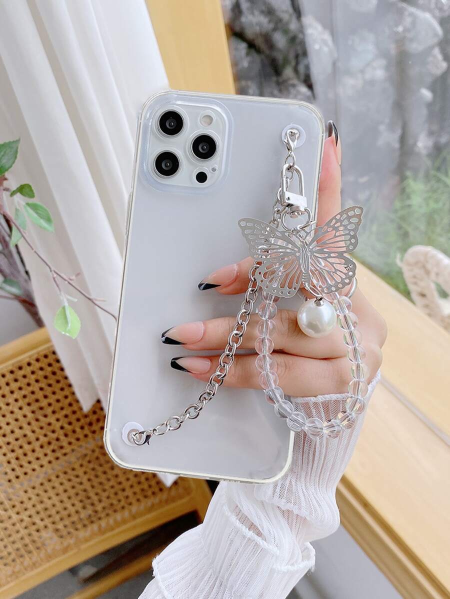 Butterfly & Pearl Pendant Metal Chain Phone Case Compatible With Iphone 15 Pro Max/14/13/12/11