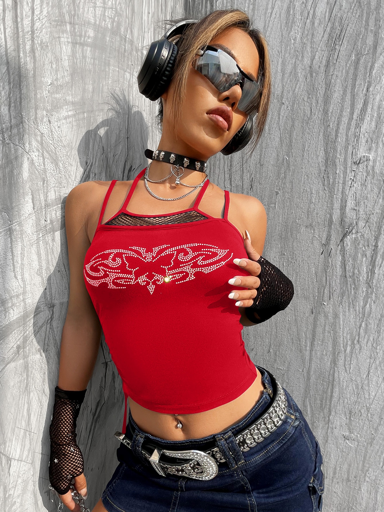 SHEIN Rhinestone Butterfly Pattern Insert Drawstring Cami Top