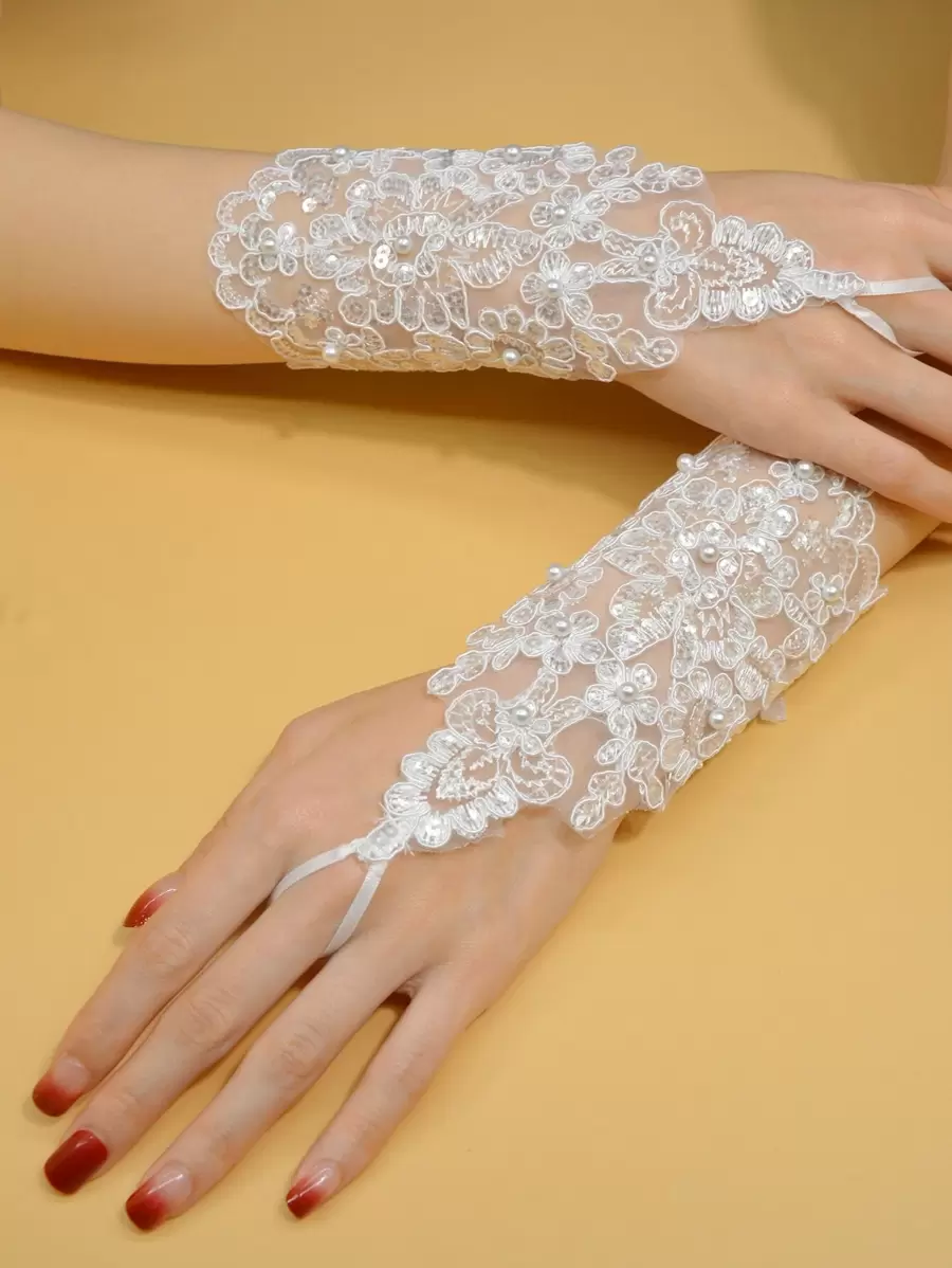 1 Par de Luvas Sem Dedos de Renda para Noiva e Casamento, Luvas Curtas Decoradas com Pérolas Ajustáveis para Acessórios de Fotografia de Casamento e Outono