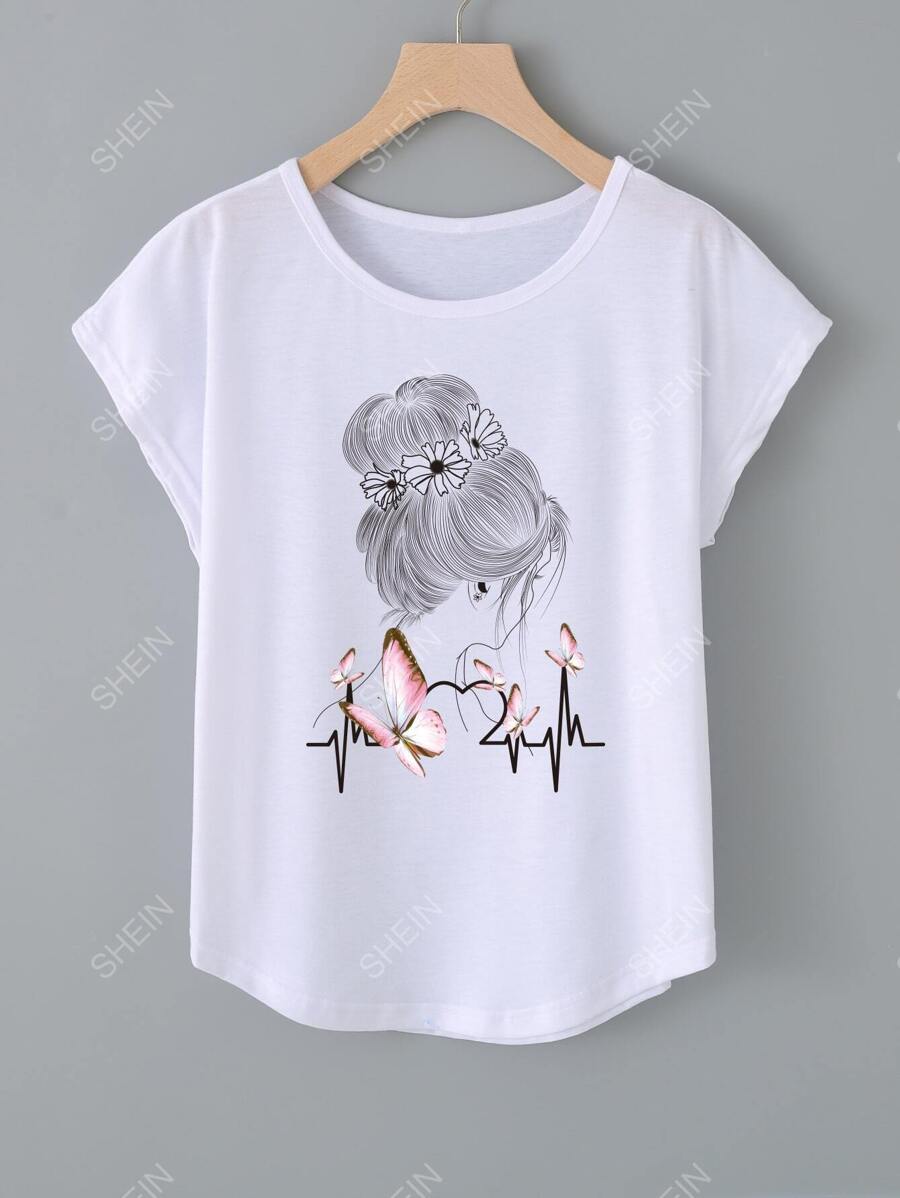 SHEIN LUNE Camiseta gráfica con mangas de murciélago, dobladillo curvo y estampado de figura y mariposa para mujer