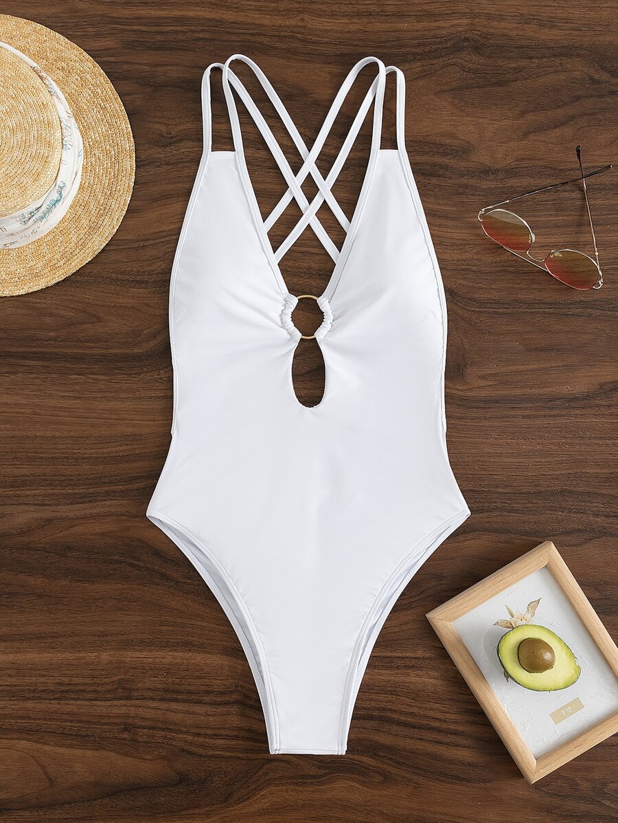 SHEIN Swim Basics Crisscross Backless Ring Linked Scrunch Butt One