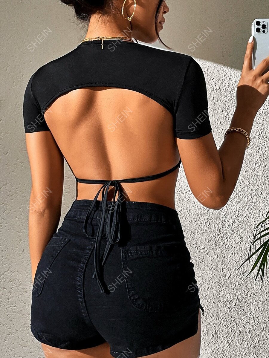 SHEIN PETITE Camiseta corta de verano de un solo color con espalda al descubierto y lazos